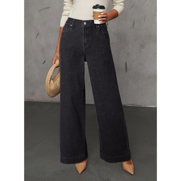Women's Black High Waisted Wide Leg Denim Jeans Stretchy Loose Pants with Pocket - Picture 2 of 6